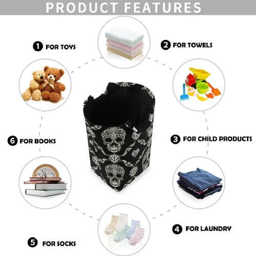 Vista 4 de visesunny Cesta plegable para ropa sucia con diseño de calavera, color negro, grande, de tela Oxford, organizador de juguetes con asa para baño