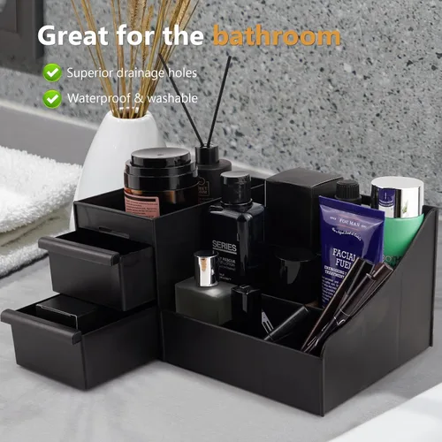 Vista 6 de Organizador de tocador negro con cajones – Caja grande de almacenamiento para hombres en encimera para colonia, cuidado de la piel, maquillaje