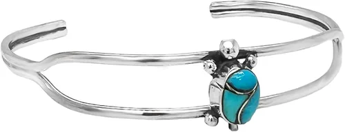 Vista 2 de Genuine Sleeping Beauty Turquoise Turtle Cuff Bracelet, Sterling Silver, Authentic Native American USA Handmade, Size Women's Small