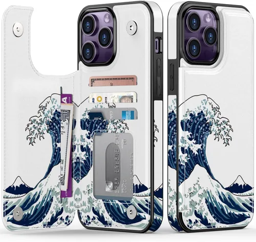 Vista 270 de LETO para iPhone 15 Pro Funda tipo cartera - Tapa tipo folio con patada - Diseños de moda - Tarjetero - Funda protectora para mujeres y niñas - 6.1
