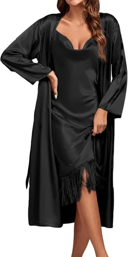 Vista 3 de Rooscier Conjunto de pijama de satén sedoso de 2 piezas para mujer, camisón con flecos y bata para dormir