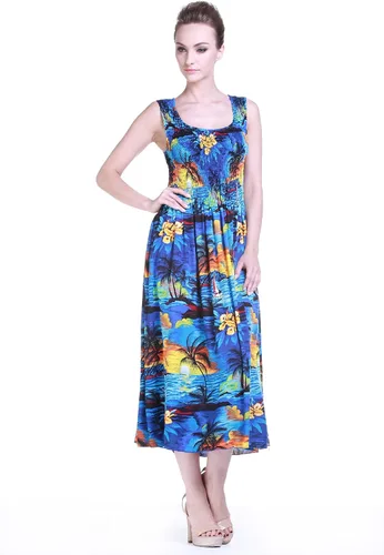 Vista 4 de Maxi vestido sin mangas hawaiano Luau Aloha a juego en azul sol