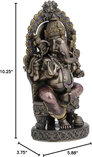 Vista 9 de Veronese Design 10 1/4 pulgadas de alto Lord Ganesha sentado en el trono con arco del templo elefante hindú Dios Fortuna Estatua de resina bronceada