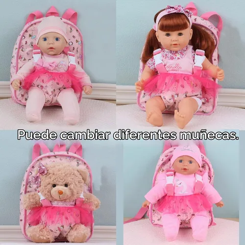 Vista 5 de Muñeca de bebé suave de 13 pulgadas con mochila de muñeca rosa para llevar, juego de 6 piezas con botella y accesorios (rosa)
