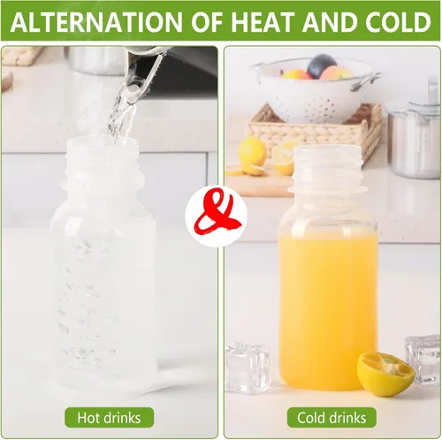 Vista 4 de zmybcpack Paquete de 24 botellas de jugo de plástico de polipropileno de 3.4 fl oz resistentes al calor con tapas, botellas de chupito de plástico