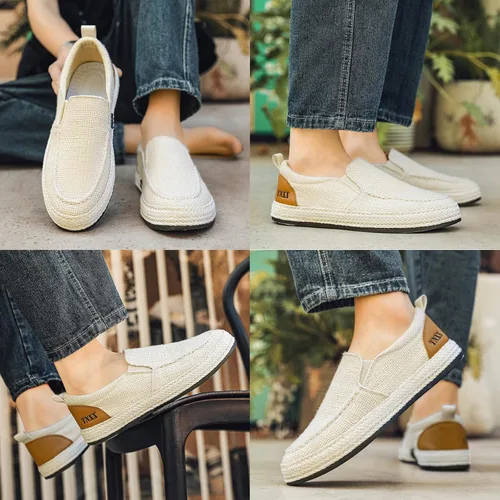 Vista 5 de Alpargatas de lona tejida para hombre, zapatos de pescador, zapatos de cubierta de lino transpirable, antideslizantes, estilo vintage, casual