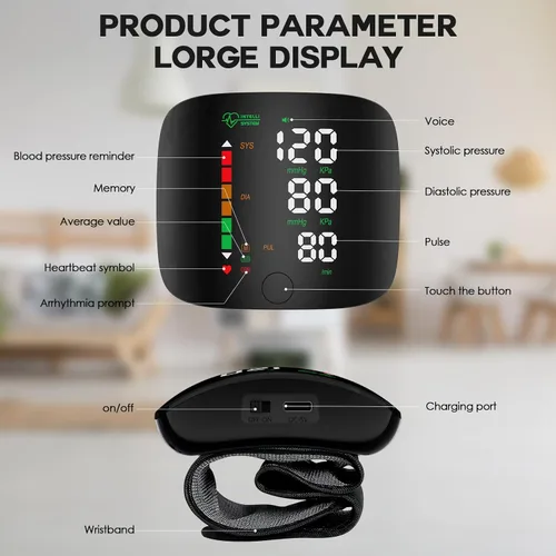 Vista 6 de Double love Monitor de Presión Arterial de Muñeca con Pantalla LED, Pantalla Táctil, Brazalete de Presión Arterial de Muñeca 99x2 Memoria de Lectura