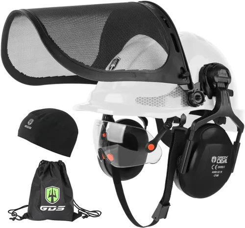 Vista 8 de GREEN DEVIL Casco protector de seguridad para motosierra, casco forestal con visera integrada de malla, protector facial de malla, orejeras 4 en 1