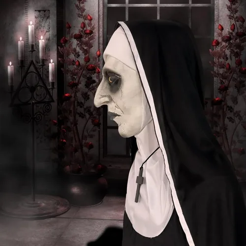Vista 4 de Scary Nun Latex Mask - Halloween Party Horror Nun Conjuring Cosplay Full Head Creepy Mask
