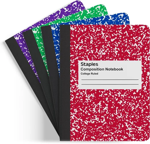 Vista 7 de STAPLES Cuaderno de composición, 9.75" x 7.5", rayado universitario, 100 hojas, colores surtidos, 48/cartón