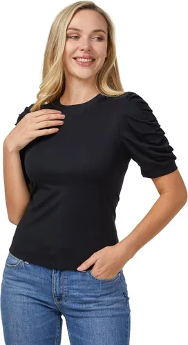 Vista 2 de SDEER - Camiseta básica de manga abombada para mujer, cuello redondo, manga corta, ajustada, blusas