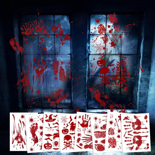 Vista 4 de Decoraciones de Halloween, 8 hojas/95 piezas de huellas de manos sangrientas, calcomanías de pared para el suelo, huellas de terror para el hogar