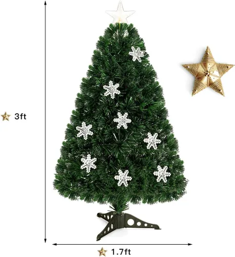 Vista 8 de Goplus Árbol de Navidad artificial de fibra óptica preiluminado de 3 pies, con luces LED multicolor y copos de nieve (3 pies)