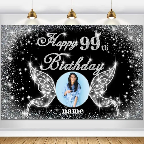 Vista 46 de Cartel personalizado de decoración de fiesta de cumpleaños número 100 - tema de alas de ángel - negro y plateado HY-NLK-100º