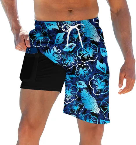 Vista 14 de Trajes de baño para hombre con forro de compresión 2 en 1 Shorts de tabla de 9 pulgadas de secado rápido con bolsillos Blanco