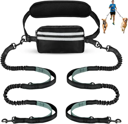 Vista 9 de Correa de perro manos libres para dos perros que caminan, correr, con cinturón de cintura, bolsa con cremallera y elástico amortiguador