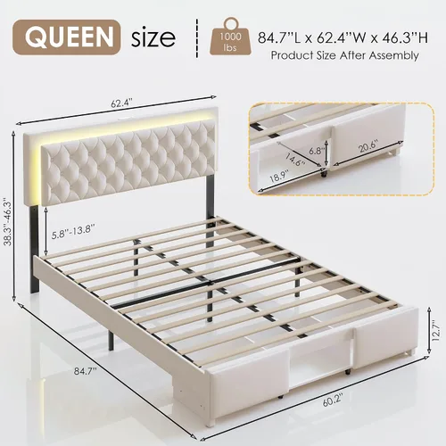 Vista 2 de Base de cama Queen con cabecera capitoné con botones, base de cama tapizada tamaño Queen con luces LED, estación de carga, almacenamiento