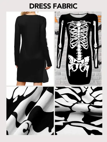 Vista 4 de XISOXU Disfraz sexy de Halloween para mujer, diseño de esqueleto, divertido, calabaza, murciélago, manga larga, cosplay, fiesta, baile