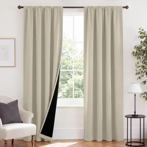 Vista 84 de NICETOWN Biscotti Beige 100% Cortinas opacas de 45" de largo para cocina, bolsillo con varilla para sótano completamente opaco, cortinas térmicas