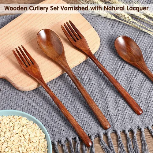 Vista 3 de Patelai Juego de 6 cucharas de madera, tenedores, utensilios de madera para comer de madera, juego de cubiertos reutilizables, cubiertos naturales