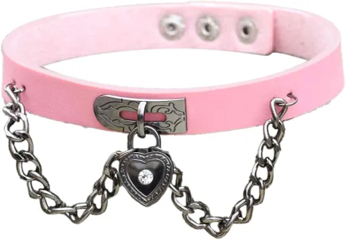 Vista 2 de Gargantilla gótica de 7 piezas de cadena circular redonda de corazón desmontable de cuero ajustable, collar de cosplay punk juego de collar