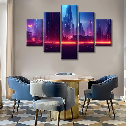 Vista 239 de Cuadros de 5 paneles de Cyberpunk City, arte de pared, representación de vallas publicitarias, edificios modernos en la capital con obras de arte