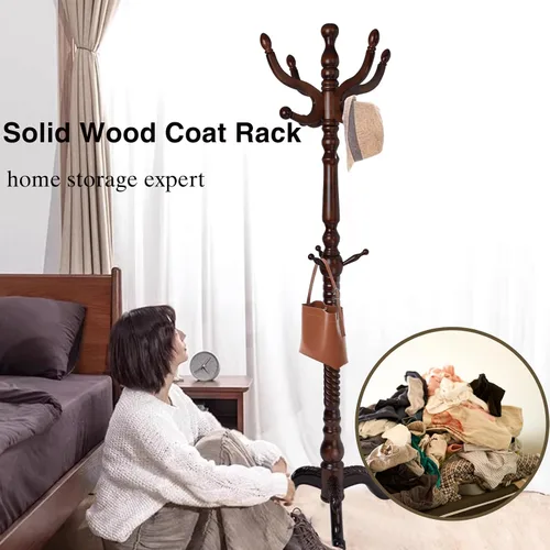 Vista 2 de Perchero de madera independiente, colgador de árbol de pasillo con ganchos de resina, perchero ajustable y resistente para colgar ropa, bolsos