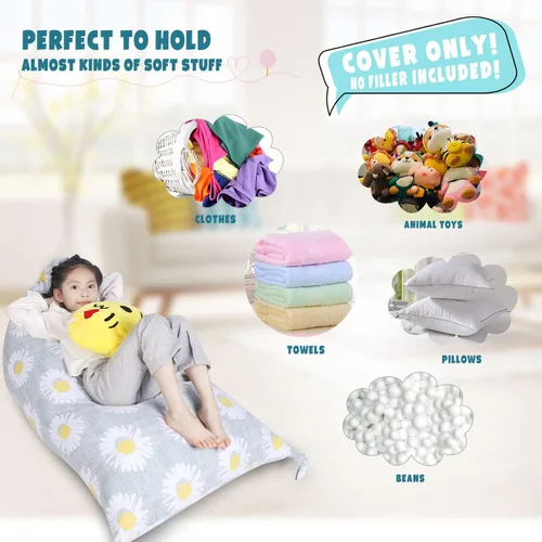 Vista 3 de LOLOMLO Funda para puf de almacenamiento de animales de peluche, lona con margaritas de felpa, artículos de almacenamiento y asiento sentado