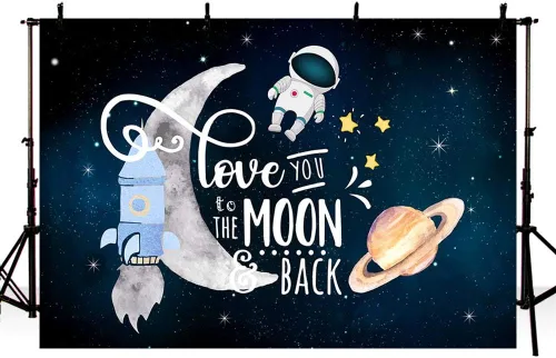 Vista 3 de MEHOFOND Telón de fondo Love You to The Moon and Back, decoración de fiesta de baby shower, espacio exterior, cohete astronauta, pastel