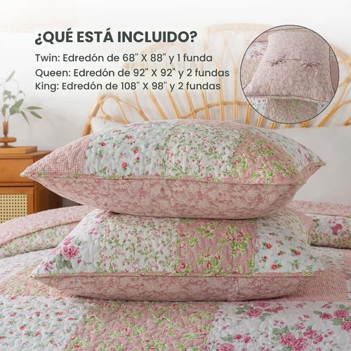 Vista 6 de Soul & Lane Blush Bloom - Juego de colcha de algodón, tamaño individual con 1 funda de almohada, colcha acolchada floral con diseño de parches