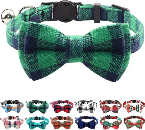 Vista 8 de Collar Joytale con corbatín y campana, lindos patrones de cuadros, 1 o 2 unidades de collares de seguridad para gato, Negro
