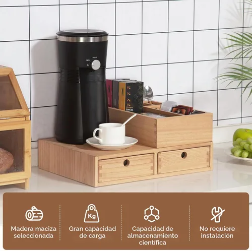 Vista 2 de KIRIGEN Organizador de estación de café de madera con cajones, portavasos K Natural
