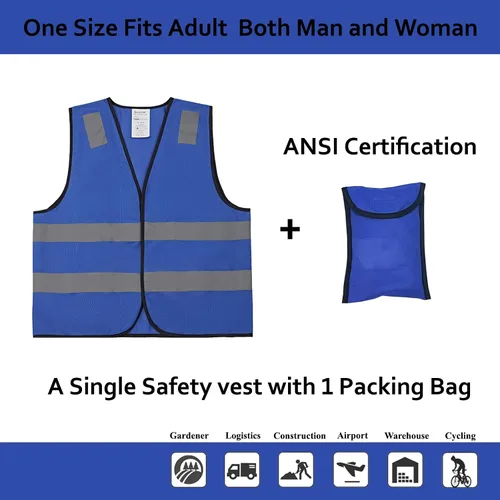 Vista 2 de Chalecos de seguridad azules 10 unidades - Chalecos de alta visibilidad reflectantes para construcción Clase ANSI 2 para hombre, mujer, malla