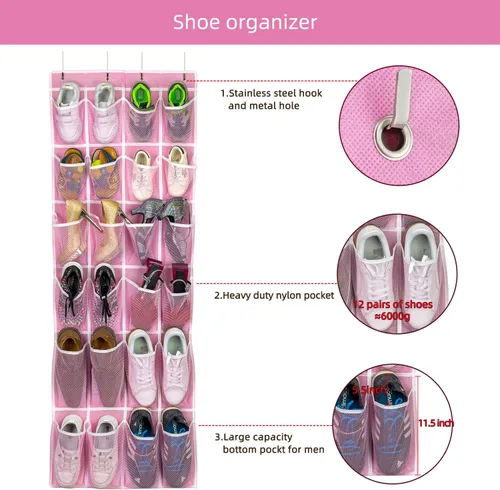 Vista 5 de SAVERHO Organizador colgante de zapatos, organizador de zapatos sobre la puerta con 24 bolsillos de malla transpirable para hombres, mujeres