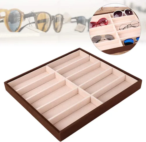 Vista 7 de Cyrank Caja de 10 rejillas para lentes de sol, organizador de lentes de sol, bandeja de almacenamiento para lentes de sol, organizador de terciopelo