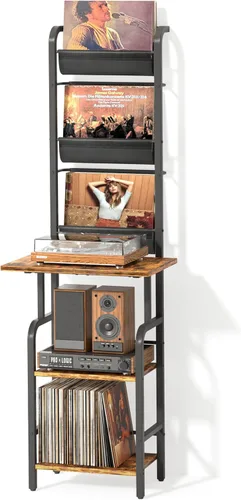 Vista 12 de Soporte para tocadiscos con almacenamiento de vinilos para hasta 200 álbumes, soporte para tocadiscos con estante de exhibición para discos Negro