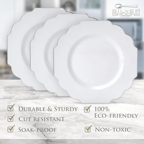 Vista 6 de SILVER SPOONS Platos desechables de diseño elegante para fiesta (10 piezas) Juego de cena desechable resistente de 10.75 pulgadas, platos de Blanco