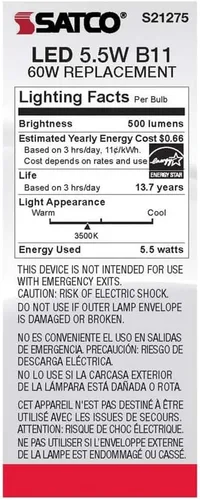 Vista 6 de Satco 6Pk 5.5w B11 LED 3500K Candelabro Base regulable - 60W equiv