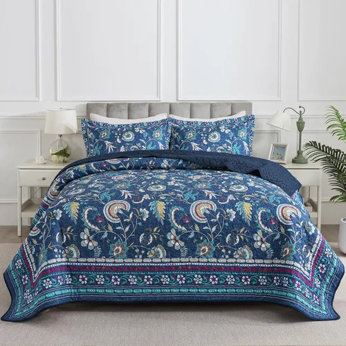 Vista 30 de Juego de cama de dos piezas, tamaño individual, de microfibra, reversible, de retazos, estilo floral, todas las estaciones, patrón de porcelana azul