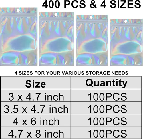 Vista 3 de Paquete de 400 bolsas holográficas de Mylar resellables de 4 tamaños con ventana para almacenamiento de alimentos, galletas, dulces, joyas y oficina