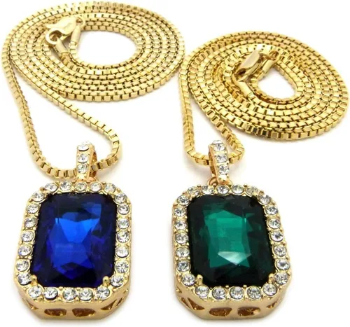 Vista 3 de Mens Iced Out Cadena de Oro Rojo Negro Azul Verde caja de piedra conjunto collar conjunto de 2