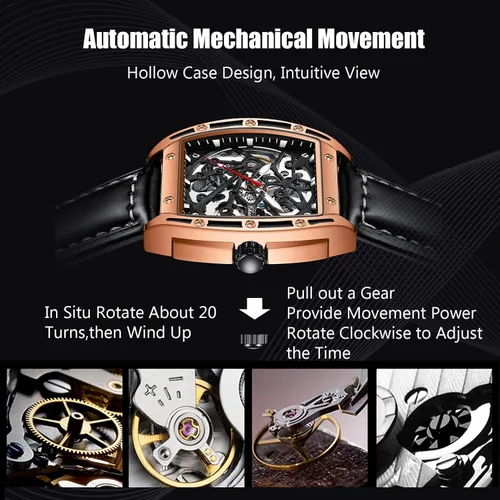 Vista 3 de RORIOS Reloj de esqueleto automático para hombre, reloj mecánico automático con correa de cuero, reloj luminoso Tonneau reloj de viento automático