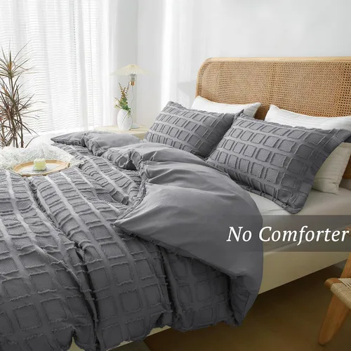 Vista 5 de MILDLY Juego de funda de edredón de tejido gofre, funda de edredón gris copetuda, 100% microfibra lavada, suave y transpirable, con textura, cierre