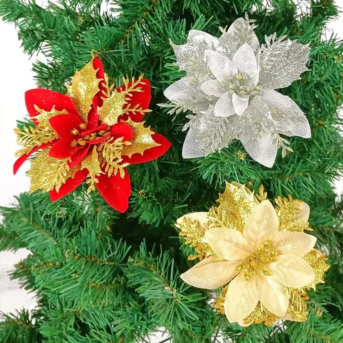 Vista 5 de Gardeningwill Paquete de 12 adornos colgantes dorados de 5 pulgadas con forma de flor con purpurina para fiestas