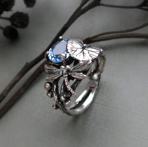 Vista 2 de Anillos vintage de plata tailandesa 925 plata tailandesa topacio azul hoja de loto libélula anillos boda fiesta joyería regalo