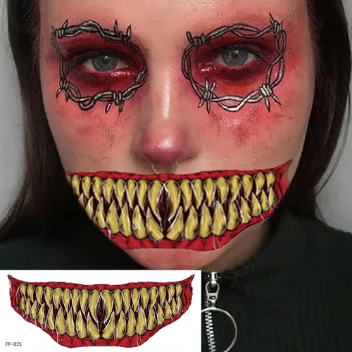 Vista 5 de Pegatinas de tatuaje de boca de terror temporal de terror para Halloween, accesorios de maquillaje, accesorios para disfraz, kit de cara