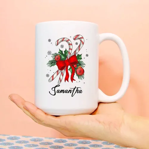 Vista 3 de Taza de café de Navidad personalizada con bastón de caramelo, divertida taza de cerámica de bastón de caramelo, regalos para familiares, amigos