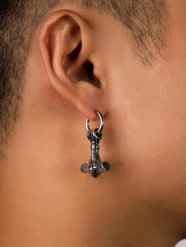 Vista 5 de HAQUIL Viking Jewelry - Amuleto vikingo con diseño de hacha de lobo y runa Mjolnir, aretes colgantes para hombres y mujeres