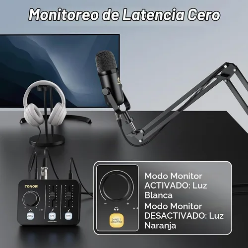 Vista 5 de TONOR Paquete de equipo de podcast para 1, mezclador de audio con micrófono dinámico y juego de brazo de brazo, micrófono XLR con interfaz de audio