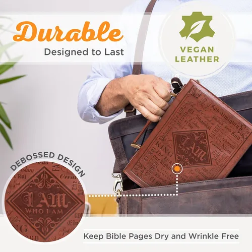 Vista 3 de Christian Art Gifts Funda clásica para biblia para hombres, nombres de Dios, Éxodo 34:6, cuero sintético marrón, mediano
